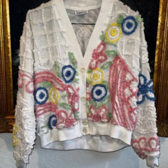 DĀMZE Vintage Floral Chenille V-Neck Button Front Cardigan Size Large - Picture 1 of 9